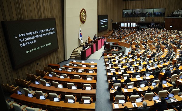 图为7日下午在国会全体会议提交金建希特检法再决议案。【照片来源:韩联社】